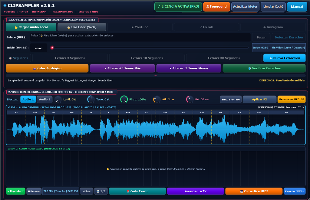 ClipSampler - Sample de Freesound cargado en el Visor 1 con Rebanador MPC C1-G2 y botón esquinero Manual